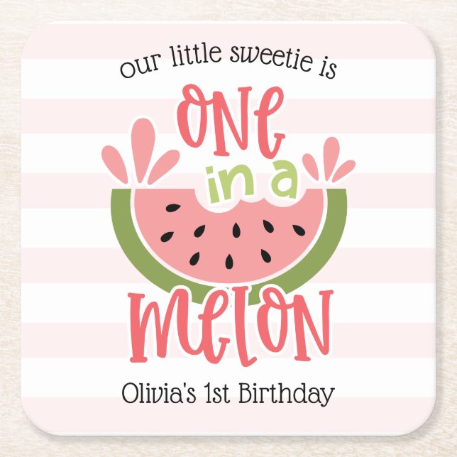 One In A Melon Watermelon First Birthday Square Paper Coaster (Front)
