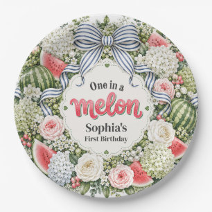 One in a Melon Watermelon Floral Wreath First Birt Paper Plate