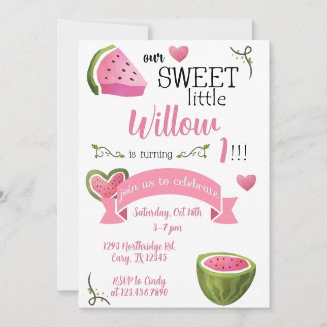 One in a Melon Watermelon girl birthday invite. Invitation (Front)