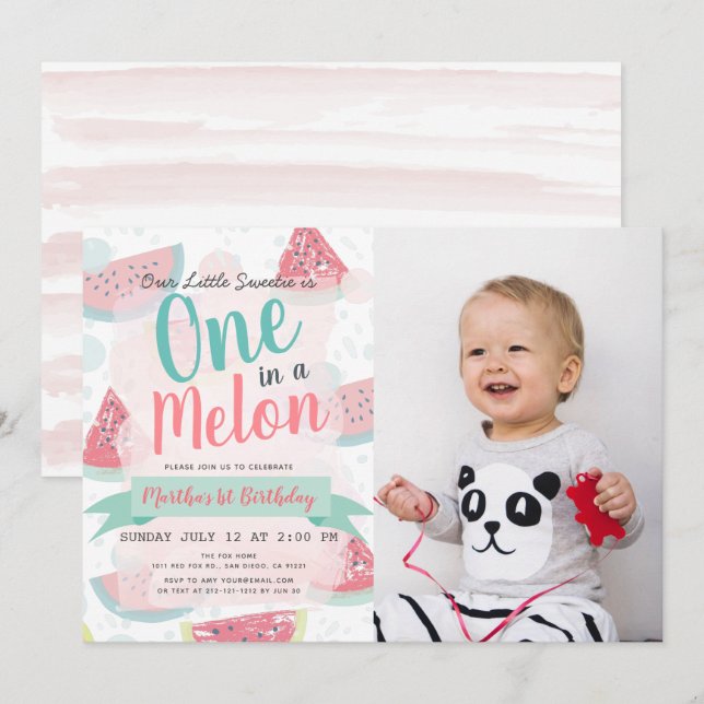 One in a Melon Watermelon Girl Photo 1st Birthday Invitation (Front/Back)