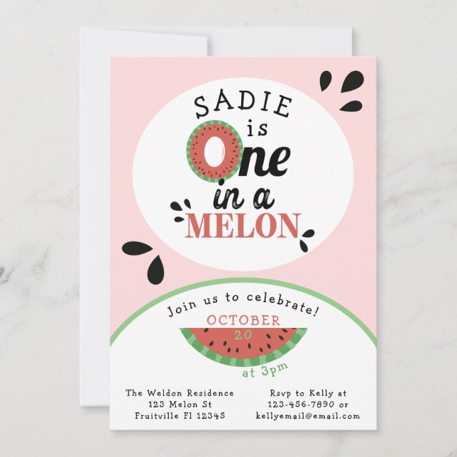One in a Melon Watermelon Girls First Birthday  Invitation (Front)