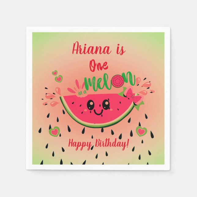 One In a Melon Watermelon Girl's First Birthday  Napkin (Front)