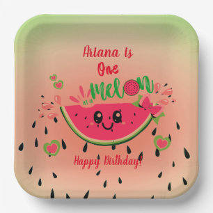 One In a Melon Watermelon Girl's First Birthday Paper Plate