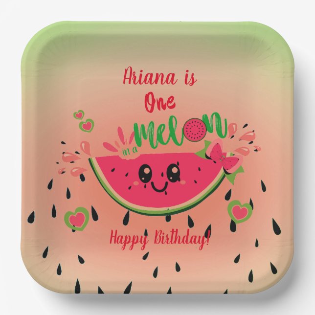 One In a Melon Watermelon Girl's First Birthday  Paper Plate (Front)