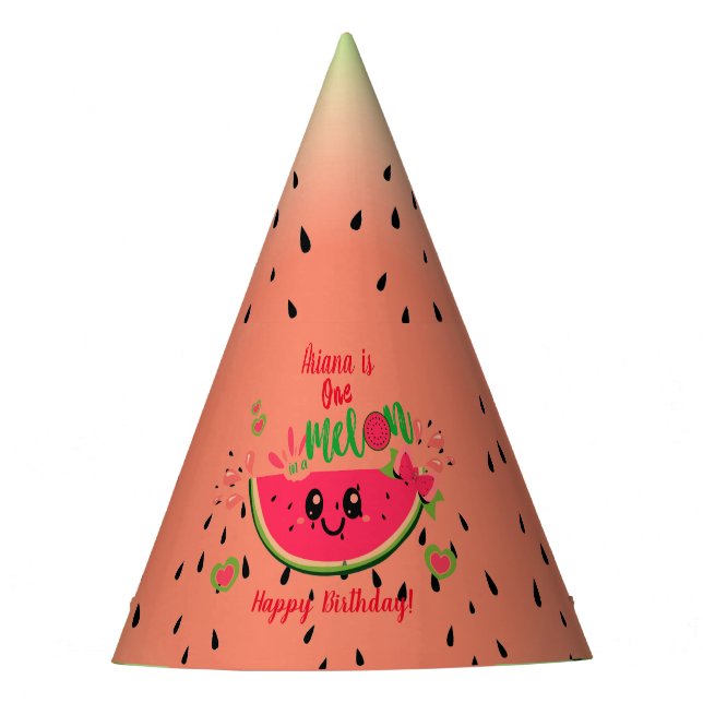 One In a Melon Watermelon Girl's First Birthday  Party Hat (Front)