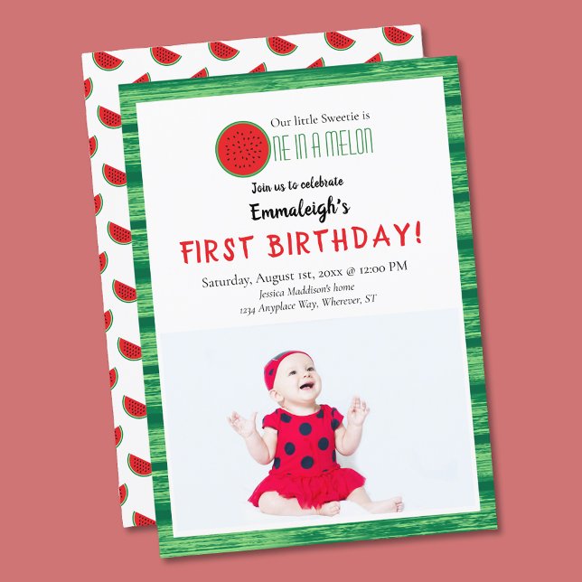 One in a Melon Watermelon Photo First Birthday Invitation (Creator Uploaded)