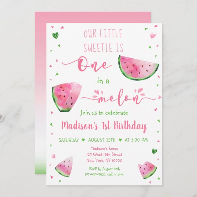 One In A Melon Watermelon Pink Green Birthday Invitation (Front/Back)