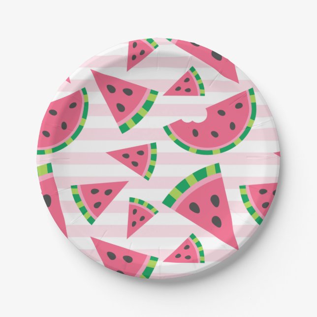 One in a Melon Watermelon Slices & Pink Stripes Paper Plate (Front)