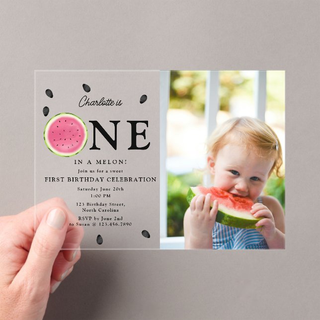 One in a Melon Watermelon Summer Photo Birthday Acrylic Invitations (Insitu (Handheld))