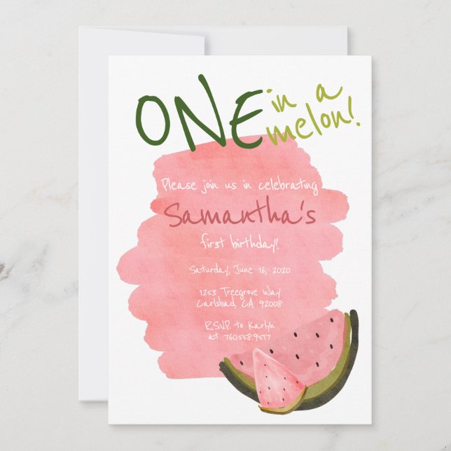 One in a Melon Watermelon Theme Watercolor Pink (Front)