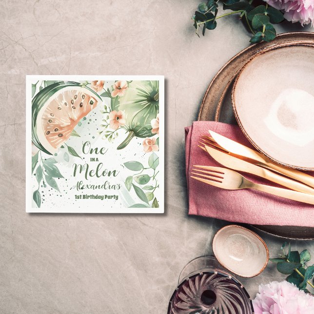 One in a Melon Watermelon Watercolor 1st Birthday Napkin (Creator Uploaded)