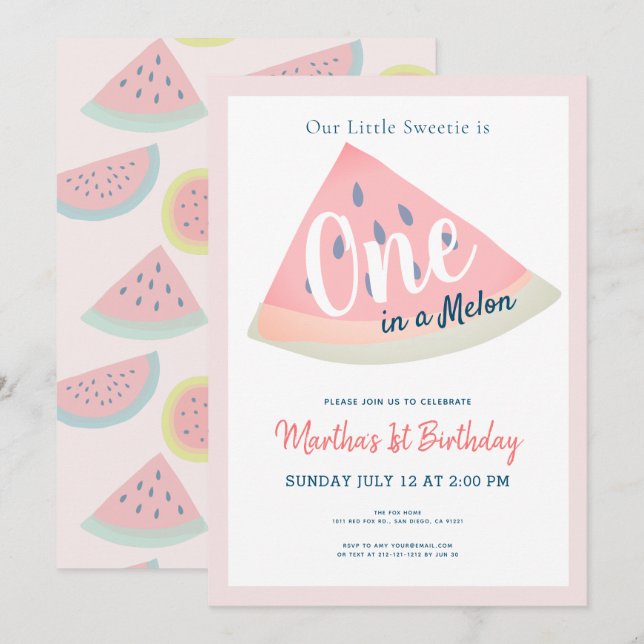 One in a Melon Watermelon White 1st Birthday Invitation (Front/Back)