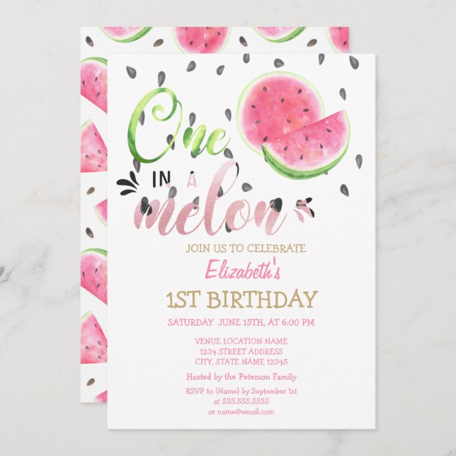 One In A Melon Watermelons 1st Birthday  Invitation (Front/Back)