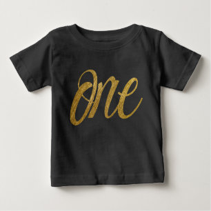One in Faux Gold FIRST BIRTHDAY Script Baby T-Shirt
