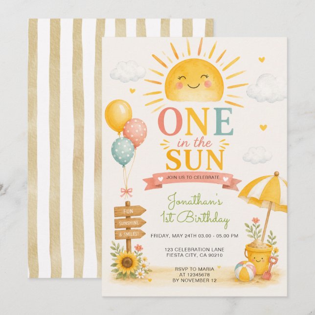 One in the Sun First Beach Birthday Invitation (Front/Back)