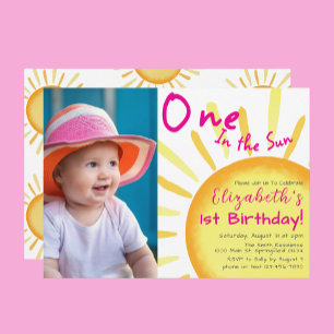 One In The Sun Pink and Orange First Birthday  Invitation