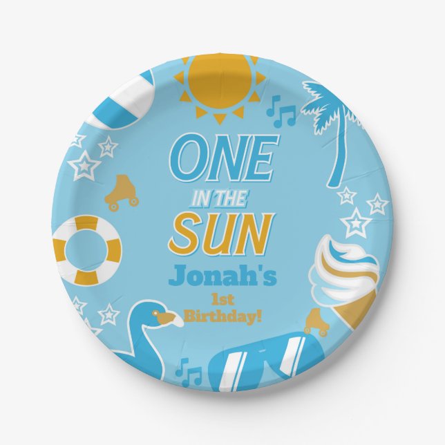 One in the Sun Pool Party Birthday Boy summer Paper Plate (Front)