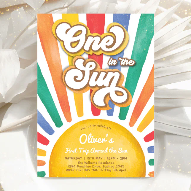 One in the Sun Rainbow Sunshine 1st Birthday Party Invitation | Zazzle