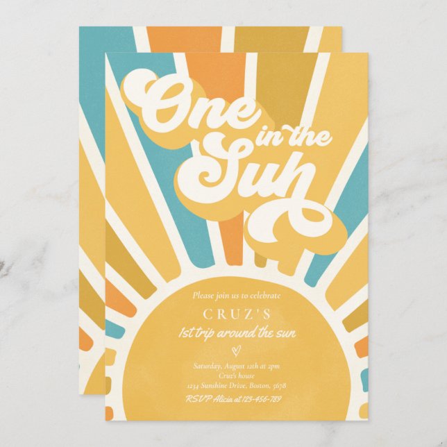 One In The Sun Sunshine 1st Birthday Retro Blue  Invitation (Front/Back)