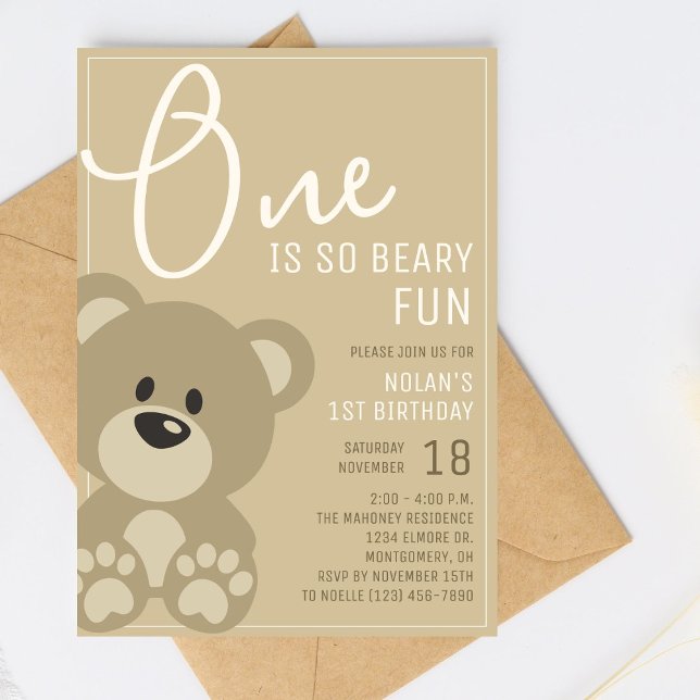 One is Beary Fun Neutral Bear 1st Birthday Party Invitation (Creator Uploaded)