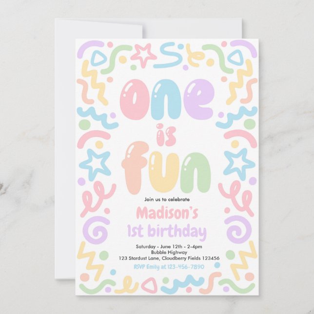 One Is Fun Colorful Confetti Balloon 1st Birthday Invitation (Front)