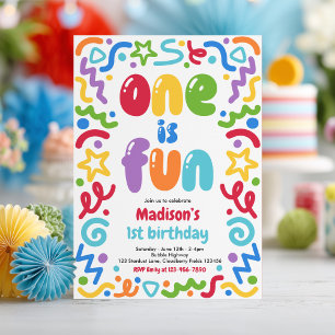 One Is Fun Colourful Confetti Balloon 1st Birthday Invitation