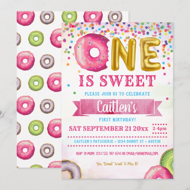 One Is Sweet Doughnut First Birthday Confetti Invitation (Front/Back)