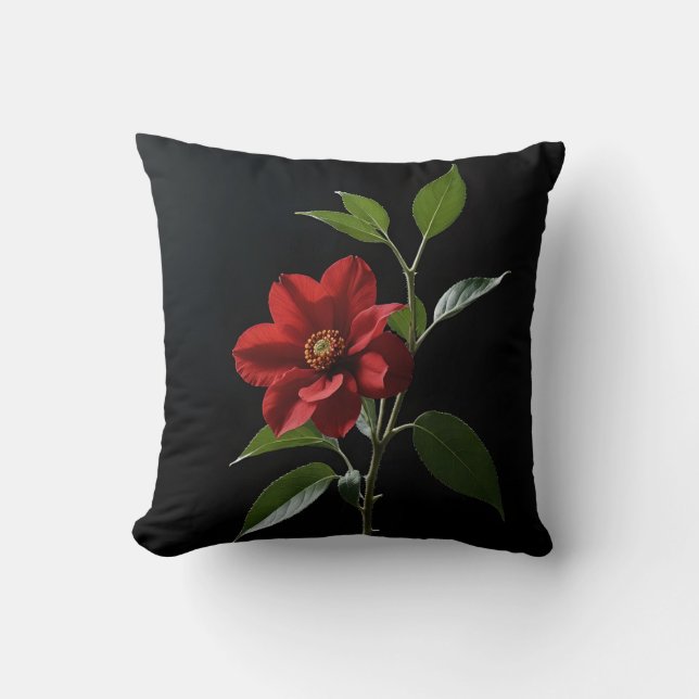 One isolated red flower on black background cushion (Front)