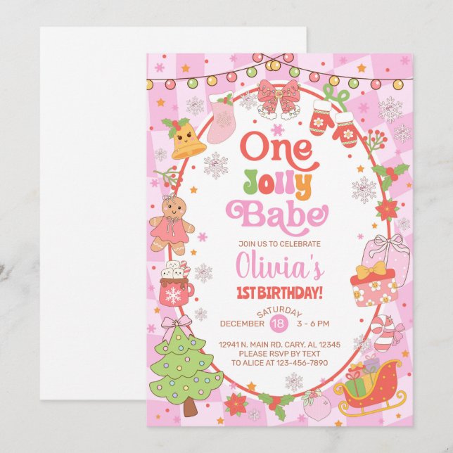 ONE jolly babe Christmas girl 1st birthday invite. Invitation (Front/Back)