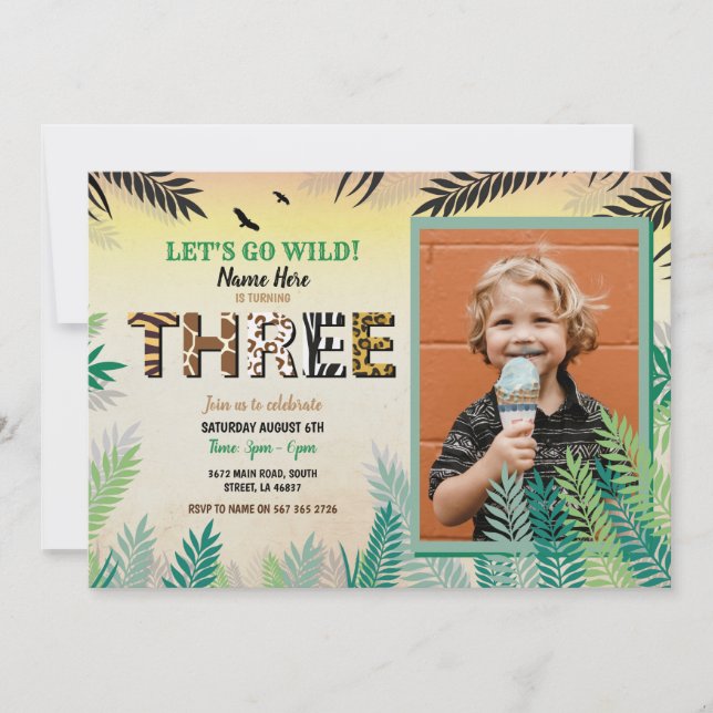 One Jungle 3rd Birthday Party 3 Safari ZOO Photo Invitation (Front)