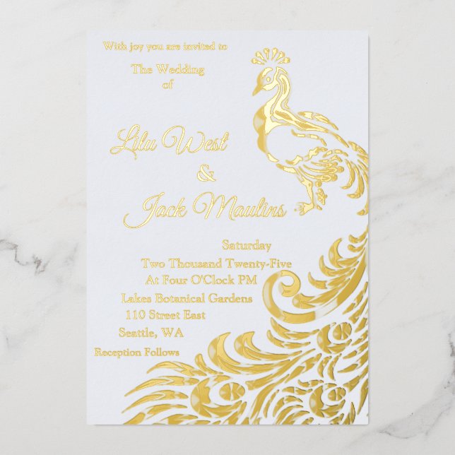 One Large Peacock Wedding Foil Invitation (Front)
