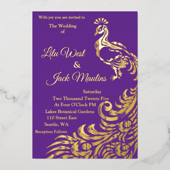One Large Peacock Wedding Foil Invitation (Front)