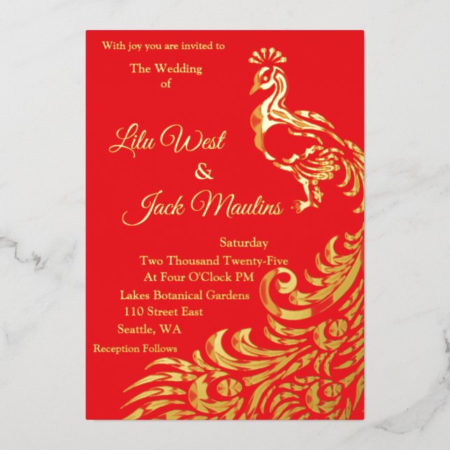 One Large Peacock Wedding Foil Invitation (Front)