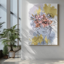 One line face art with flowers crown hiding eyes  