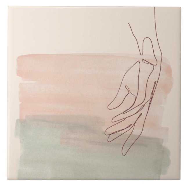 One line graphic drawing hand in the water pastel  ceramic tile (Front)
