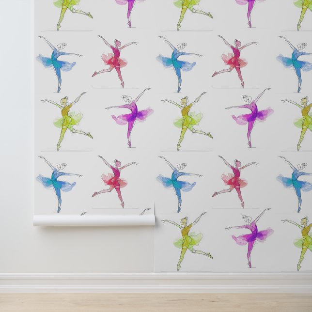 One line stroke colourful dancing balerina pattern wallpaper (Application)