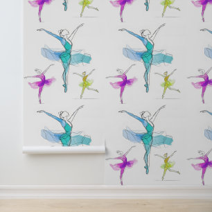 One line stroke colourful dancing balerina pattern wallpaper