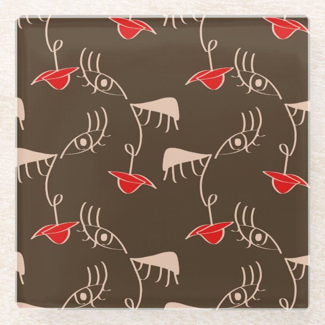 One-line woman face: abstract pattern. glass coaster (Front)