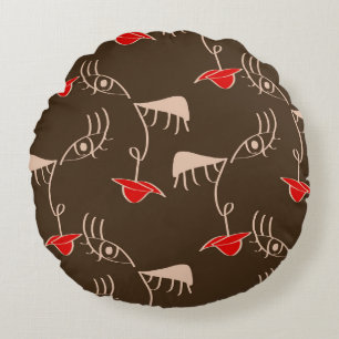 One-line woman face: abstract pattern. round cushion