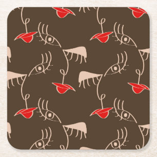 One-line woman face: abstract pattern. square paper coaster