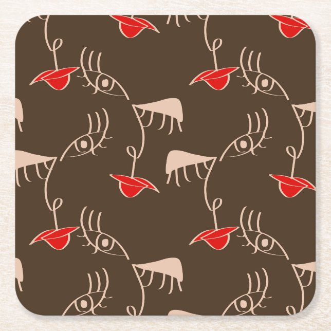 One-line woman face: abstract pattern. square paper coaster (Front)