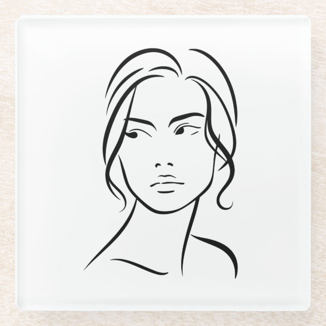 One Line Woman Face Drawing 4 Glass Coaster (Front)