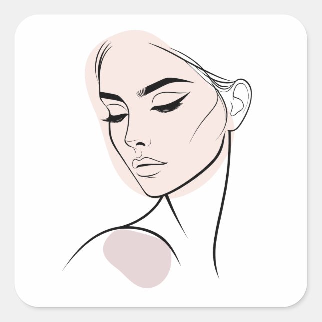 One Line Woman Face Drawing No3 (With Colour) Square Sticker (Front)
