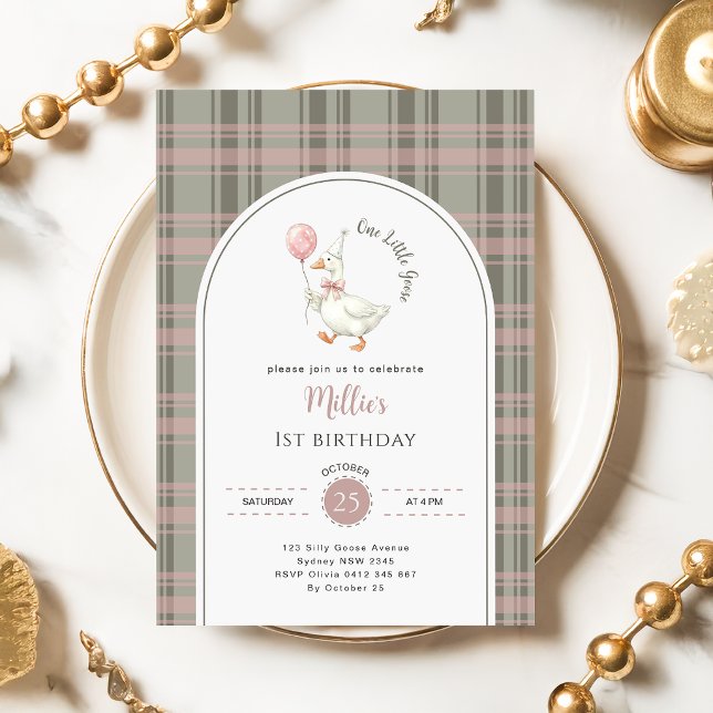 One Little Goose Pink Bow Gingham 1st Birthday Invitation (Creator Uploaded)