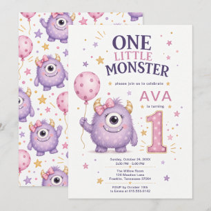 One Little Monster Girl 1st Birthday Invitation