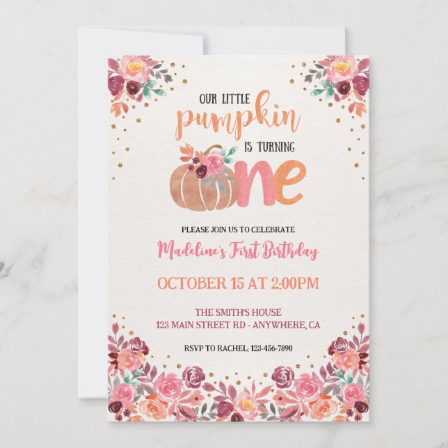 One Little Pumpkin Boho Floral 1st Birthday Invite (Front)