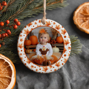 One Little Turkey Thanksgiving 1st Birthday Photo  Ceramic Ornament
