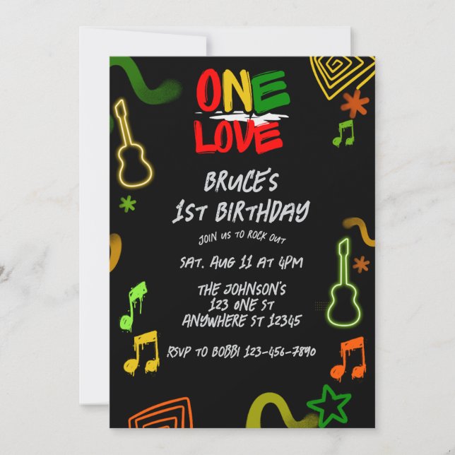 One Love Music Black Red Gold Green 1st Birthday Invitation (Front)