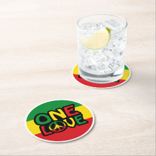 One Love, Reggae design with reggae colours Round Paper Coaster
