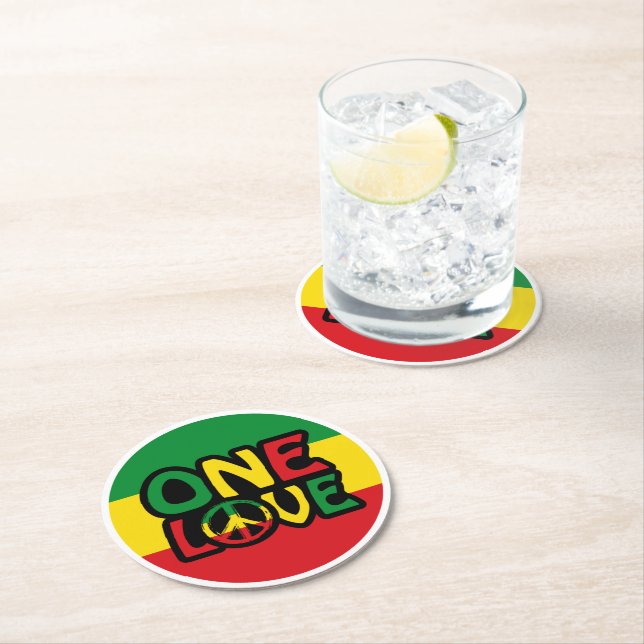 One Love, Reggae design with reggae colours Round Paper Coaster (Insitu)
